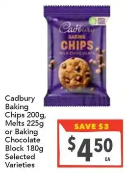 Supa Valu Cadbury Baking Chips, Melts or Baking Chocolate Block Selected Varieties offer