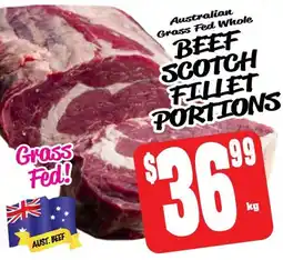 Farmer Jack's Australian grass fed whole beef scotch fillet portions offer
