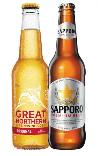 Woolworths Great northern original bottles 24x330ml or sapporo premium bottles 24x355ml offer