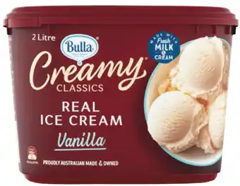 Woolworths Bulla creamy classics ice cream 2 litre or bulla creamy classics sandwiches 560ml pk 4 offer