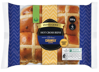 Woolworths Woolworths indulgent hot cross buns made with cadbury caramilk chocolate chips pk 4 offer