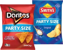 IGA Smith’s Crinkle Cut or Doritos Corn Chips 380g Party Size Selected Varieties offer