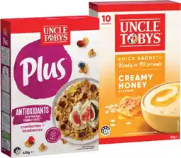 IGA Uncle Tobys Plus 410‑435g or Uncle Tobys Oats Quick Sachets 8‑10 Pack Selected Varieties offer