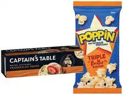 IGA Poppin Microwave Popcorn 85‑100g or Captain’s Table Water Crackers 125g Selected Varieties offer