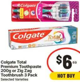 IGA Colgate Total Premium Toothpaste or Zig Zag Toothbrush offer