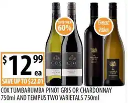 Supabarn Cox tumbarumba pinot gris or chardonnay and tempus two varietals offer