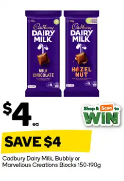 Woolworths Cadbury dairy milk, bubbly or marvellous creations blocks offer