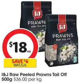 Coles I&J Raw Peeled Prawns Tail Off offer