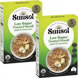 Coles NEW Sunsol Low Sugar Toasted Muesli Apple & Cinnamon 450g offer