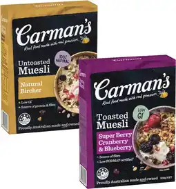 Coles Carman's Natural or Toasted Muesli 500g offer
