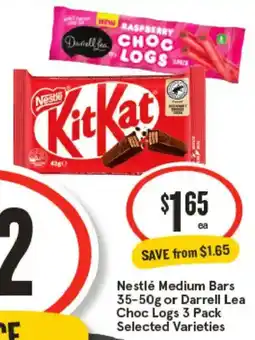 IGA Nestlé Medium Bars or Darrell Lea Choc Logs Selected Varieties offer