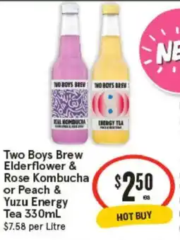 IGA Two Boys Brew Elderflower & Rose Kombucha or Peach & Yuzu Energy Tea offer