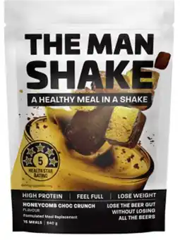 Discount Drug Stores The Man Shake Honeycomb Choc Crunch Flavour 840g offer