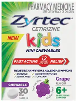 Discount Drug Stores Zyrtec Kids Allergy & Hayfever Relief Grape Flavour 30 Chewable Tablets offer