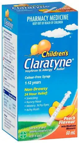 Discount Drug Stores Claratyne Children’s Hayfever & Allergy Relief Peach Flavour Syrup 60mL offer