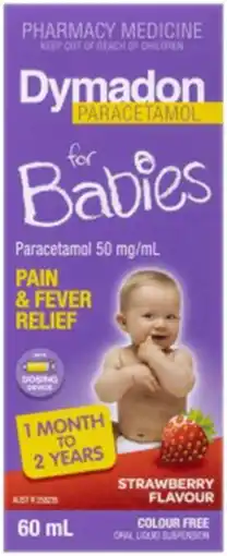 Discount Drug Stores Dymadon Paracetamol for Babies 1 Month - 2 Years Colour Free Strawberry Flavour 60ml offer