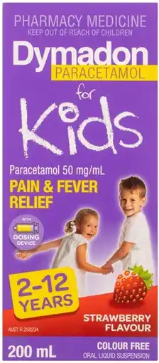 Discount Drug Stores Dymadon Paracetamol For Kids 2-12 Years Colour Free Strawberry Flavour 200mL offer