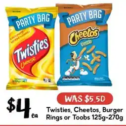 Drakes Twisties, Cheetos, Burger Rings or Toobs offer
