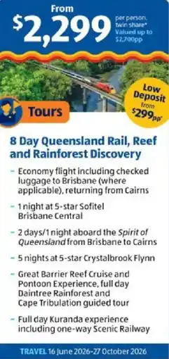 ALDI 8 Day Queensland Rail, Reef and Rainforest Discovery offer