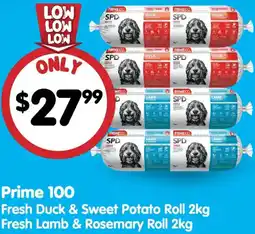 PetO Prime 100 Fresh Duck & Sweet Potato Roll Fresh Lamb & Rosemary Roll offer