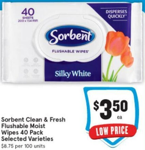 Sorbent Clean & Fresh Flushable Moist Wipes 40 Pack offer at IGA