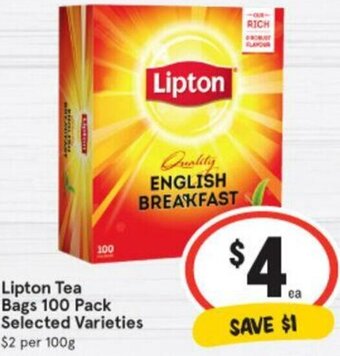 IGA Lipton Tea Bags 100 Pack offer