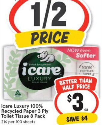 IGA iCare Luxury 100% Recycled Paper 3 Ply Toilet Tissue offer