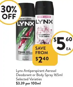 Foodworks Lynx Antiperspirant Aerosol Deodorant or Body Spray offer