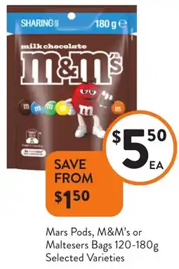 Foodworks Mars Pods, M&M's or Maltesers Bags Selected Varieties offer