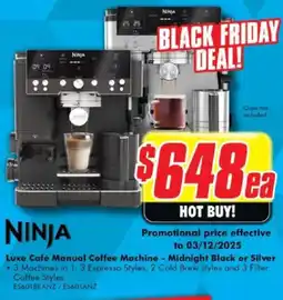 The Good Guys Ninja Luxe Café Manual Coffee Machine - Midnight Black or Silver Breville offer