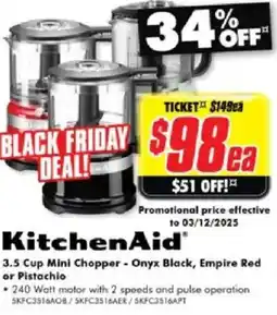 The Good Guys KitchenAid 3.5 Cup Mini Chopper - Onyx Black, Empire Red or Pistachio offer