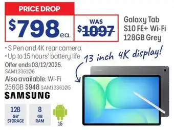Officeworks Galaxy Tab S10FE+ Wi-Fi 128GB Grey offer