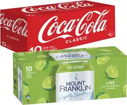 Coles Coca-Cola, Fanta or Sprite Soft Drink or Mt Franklin Lightly Sparkling Water 10x375mL offer