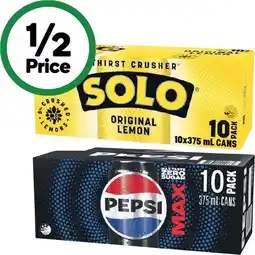 Woolworths Pepsi, Solo, Mountain Dew or Schweppes Lemonade Soft Drink Varieties 10 x 375ml offer