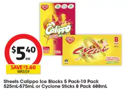 Coles Streets Calippo Ice Blocks or Cyclone Sticks offer