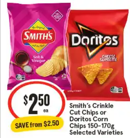IGA Smith’s Crinkle Cut Chips or Doritos Corn Chips Selected Varieties offer