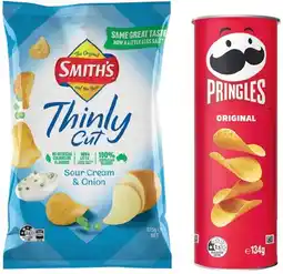 IGA Smith’s Thinly Cut Chips 175g or Pringles Chips 118‑134g Selected Varieties offer