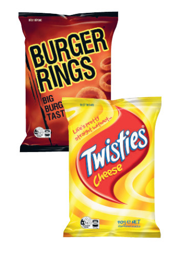 Coles Twisties, burger rings or cheetos snacks 80g-90g offer