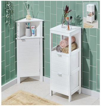 Bathroom corner cupboard or bathroom shelves with drawers