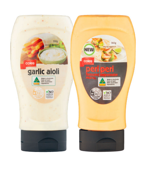 Coles garlic aioli 350g, pickle’naise 350g or peri peri mayonnaise 360g