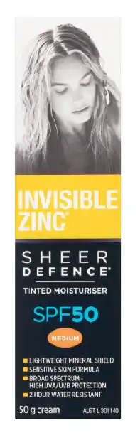 Invisible zinc sheer defence tinted moisturiser spf 50 medium 50g