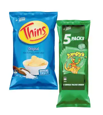 Coles Smith’s chips 6 pack 114g, jumpy’s snacks 5 pack 90g, thins potato chips 150g-175g or smith’s crinkle cut potato chips or dor offer