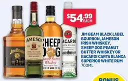 SipnSave Jim beam black label jameson irish whiskey, sheep dog peanut butter whiskey or bacardi carta blanca superior white rum offer