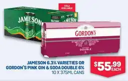 SipnSave Jameson 6.3% varieties or gordon's pink gin & soda double 6% offer