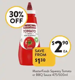 Foodworks MasterFoods Squeezy Tomato or BBQ Sauce offer