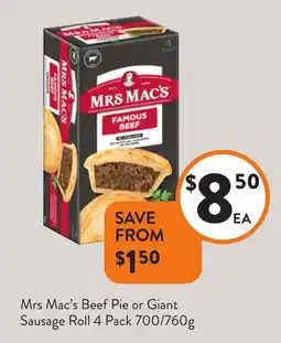 Foodworks Mrs Mac's Beef Pie or Giant Sausage Roll offer