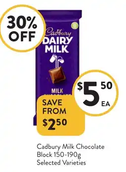 Foodworks Cadbury Milk Chocolate Block Selected Varieties offer