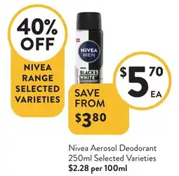 Foodworks Nivea Aerosol Deodorant Selected Varieties offer