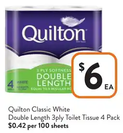 Foodworks Quilton Classic White Double Length 3ply Toilet Tissue offer