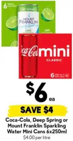 Drakes Coca-Cola, Deep Spring or Mount Franklin Sparkling Water Mini Cans offer